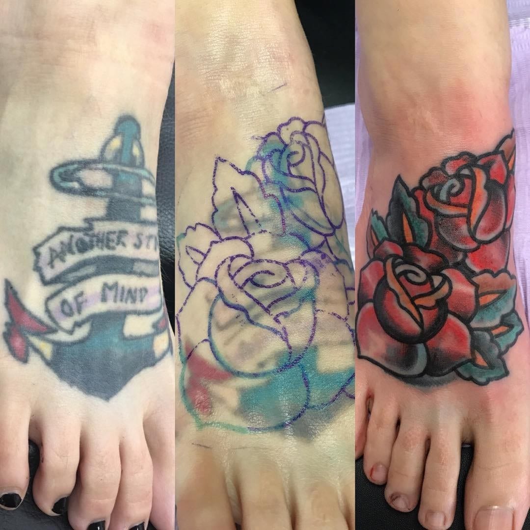 Tattoo cover up before and after pictures of an anchor tattoo on a foot beautifully transformed into a rose tattoo.