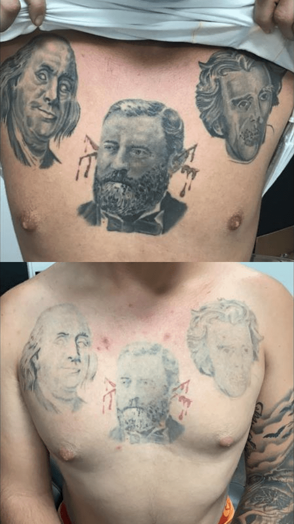 president tattoo, zombie tattoo, chest tattoo, black and gray