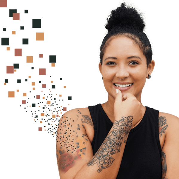 smiling black woman looking at the viewer with a tattoo on her arm that is fading. Colorful pixels are moving away from her tattoo.